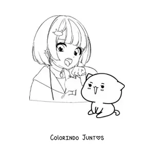 Desenho para colorir de menina anime kawaii com gato