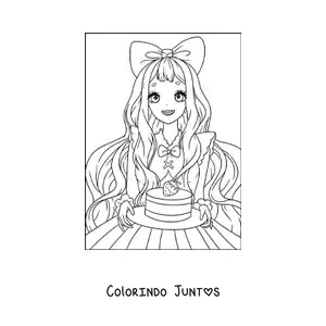 Desenho para colorir de linda boneca anime kawaii com bolo de morango