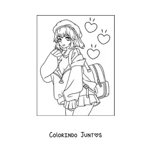 Desenho para colorir de menina anime kawaii com saia e corações