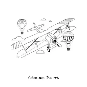 Desenho para colorir de um avião voando com dois balões de ar quente