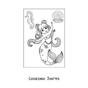 Desenho para colorir de sereia estilo anime dançando com cavalo-marinho
