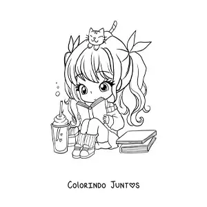 Desenho para colorir de menina kawaii chibi sentada lendo um livro com um gato