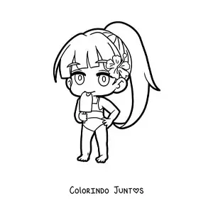 Desenho para colorir de menina kawaii chibi de biquíni comendo sorvete