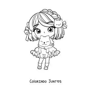 Desenho para colorir de menina kawaii chibi com um gato