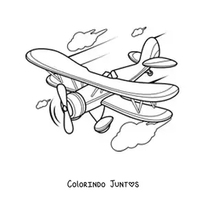 Desenho para colorir de um avião voando com nuvens ao fundo
