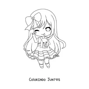 Desenho para colorir de menina kawaii chibi grande com pelúcia de coelho