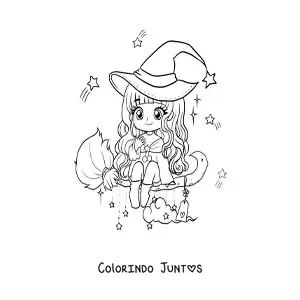 Desenho para colorir de bruxa kawaii chibi voando em sua vassoura