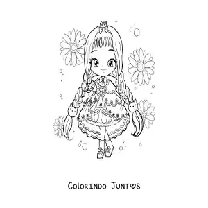Desenho para colorir de menina kawaii chibi com penteado de tranças