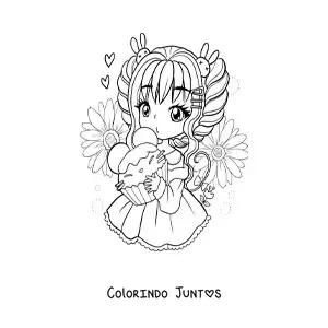Desenho para colorir de menina kawaii chibi com cupcake