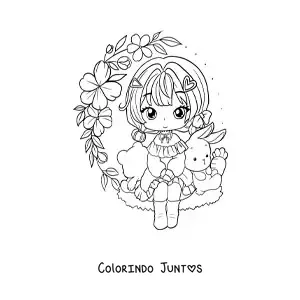 Desenho para colorir de menina anime chibi sentada com flores e um coelho
