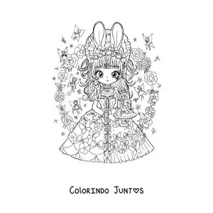 Desenho para colorir de menina anime chibi com orelhas de coelho e um bolo