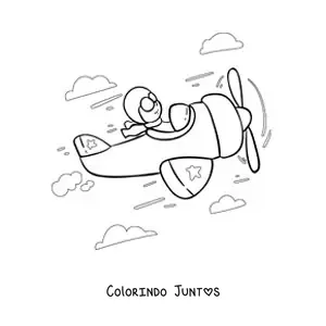 Desenho para colorir de um piloto de avião voando com nuvens ao fundo