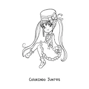 Desenho para colorir de menina anime chibi com chapéu e vestido