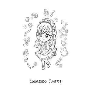 Desenho para colorir de menina anime chibi com um cupcake