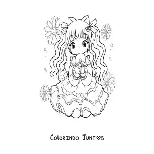 Desenho para colorir de menina anime chibi com um gatinho e um cupcake