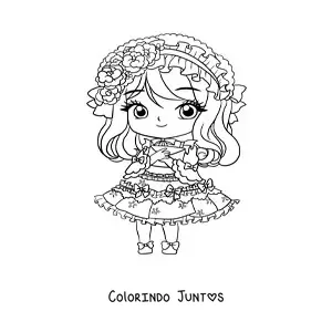 Desenho para colorir de menina anime chibi com um vestido e uma carta