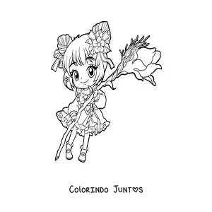 Desenho para colorir de menininha anime chibi com uma rosa