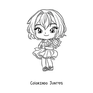 Desenho para colorir de menina anime chibi com vestido fofo e uma flor na mão
