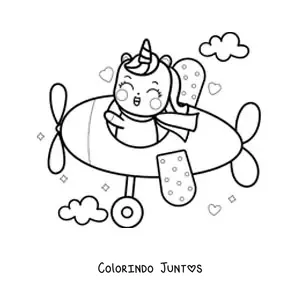 Desenho para colorir de um unicórnio kawaii pilotando um avião com nuvens e corações ao fundo