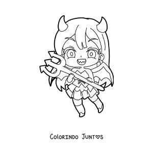 Desenho para colorir de menina chibi com fantasia de diabo e um tridente