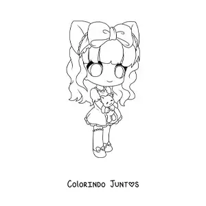 Desenho para colorir de menina chibi com orelhas de neko e uma pelúcia de urso
