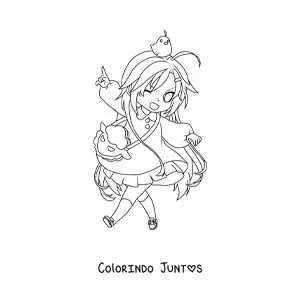 Desenho para colorir de menina chibi com lindo vestido e um pintinho