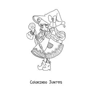 Desenho para colorir de menina chibi com fantasia de bruxa no Halloween
