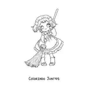 Desenho para colorir de menina chibi varrendo