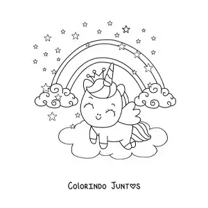 Desenho para colorir de unicórnio kawaii animado com arco-íris