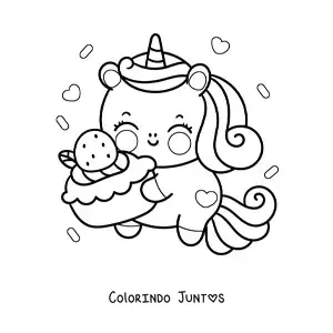 Desenho para colorir de unicórnio kawaii animado com bolo de morango