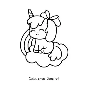 Desenho para colorir de unicórnio kawaii animado sentado em uma nuvem com arco-íris