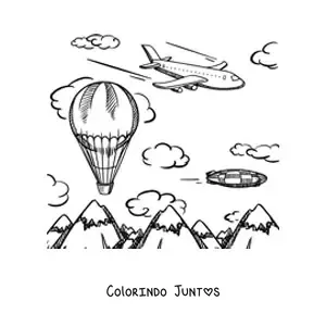 Desenho para colorir de um avião voando com um balão de ar quente e montanhas ao fundo
