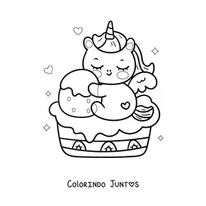 Desenho para colorir de unicórnio kawaii animado sentado em um bolo de morango