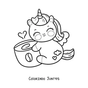 Desenho para colorir de unicórnio kawaii animado com uma xícara de café