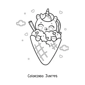 Desenho para colorir de unicórnio kawaii animado com uma casquinha de sorvete