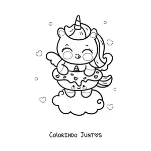 Desenho para colorir de unicórnio kawaii com rosquinha de unicórnio