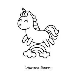 Desenho para colorir de unicórnio kawaii animado pulando sobre um arco-íris