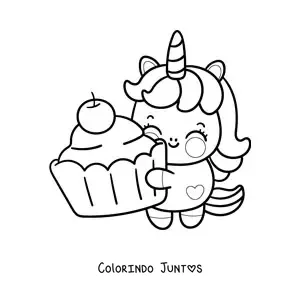 Desenho para colorir de unicórnio kawaii animado com cupcake gigante