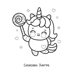Desenho para colorir de unicórnio kawaii animado com um pirulito