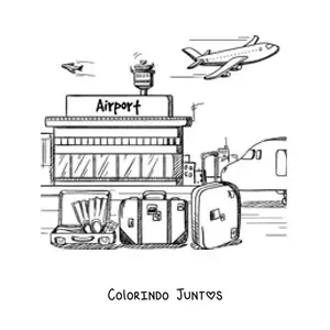 Desenho para colorir de um aeroporto com malas e um avião voando
