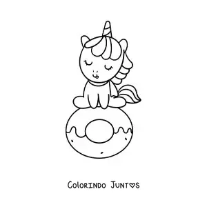 Desenho para colorir de unicórnio kawaii animado sentado em uma rosquinha
