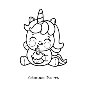 Desenho para colorir de unicórnio fofo animado com um cupcake de aniversário