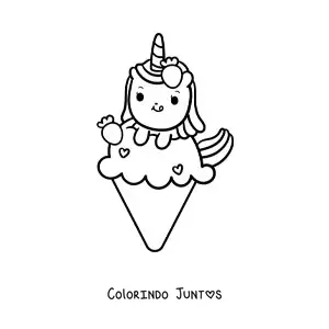 Desenho para colorir de unicórnio fofo animado sobre um sorvete gigante