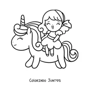 Desenho para colorir de menina kawaii montando um unicórnio fofo animado