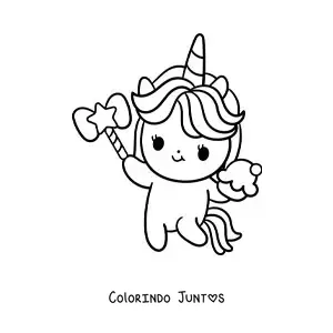 Desenho para colorir de unicórnio fofo animado com um cupcake e uma varinha