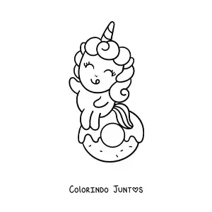Desenho para colorir de unicórnio fofo animado em uma rosquinha grande