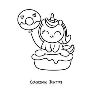 Desenho para colorir de unicórnio fofo animado sobre um bolo com um balão de rosquinha