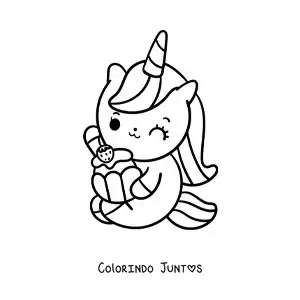 Desenho para colorir de unicórnio fofo animado sentado comendo um cupcake