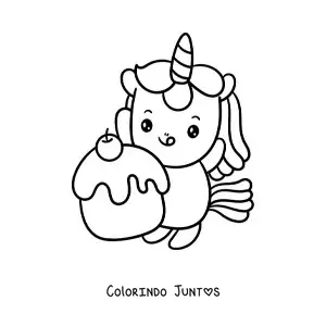 Desenho para colorir de unicórnio kawaii fácil com um cupcake grande