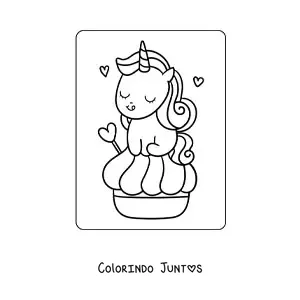 Desenho para colorir de unicórnio kawaii com um doce gigante